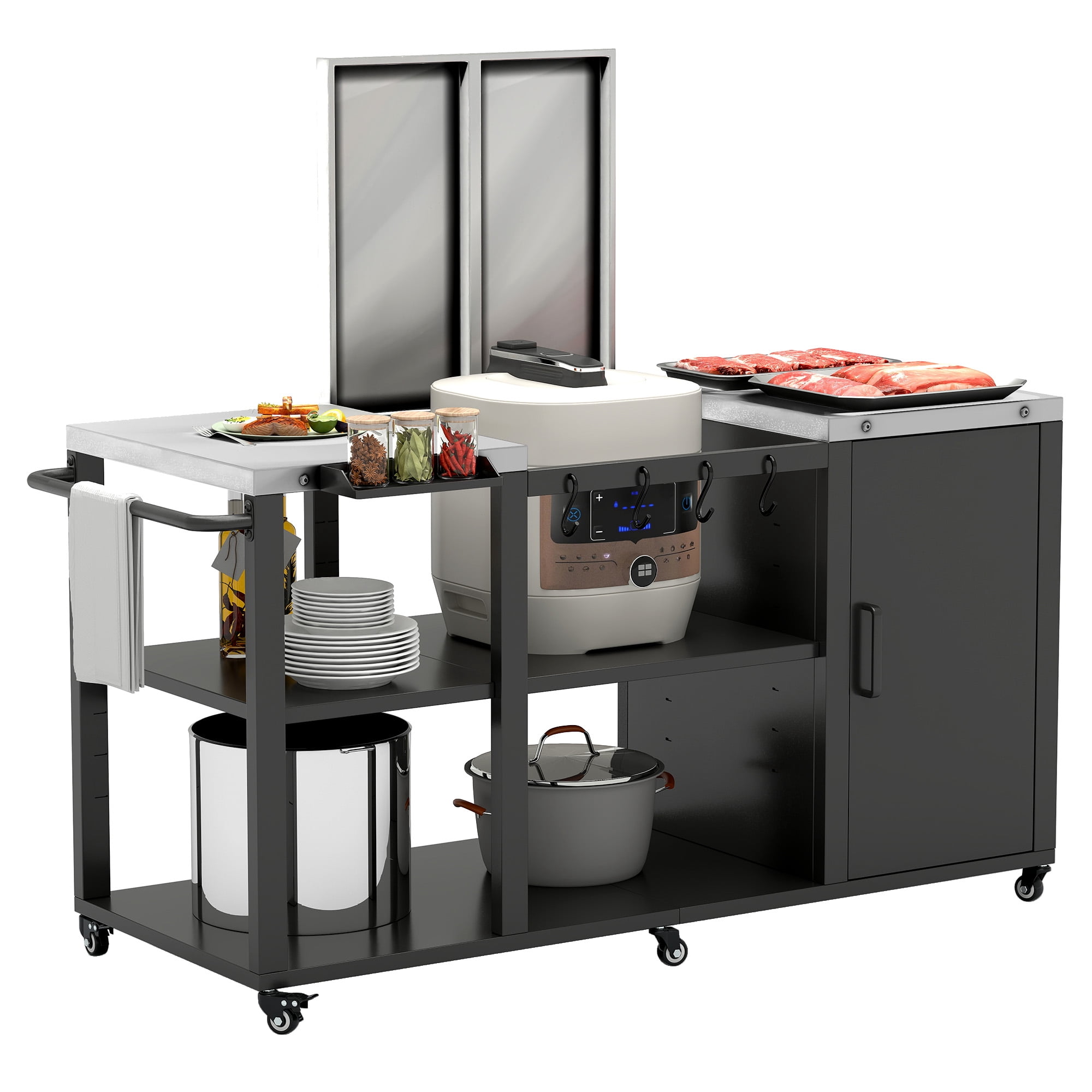 Uforic Grill Cart with Storage Cabinet, Movable BBQ Prep Table Foldable Tabletop