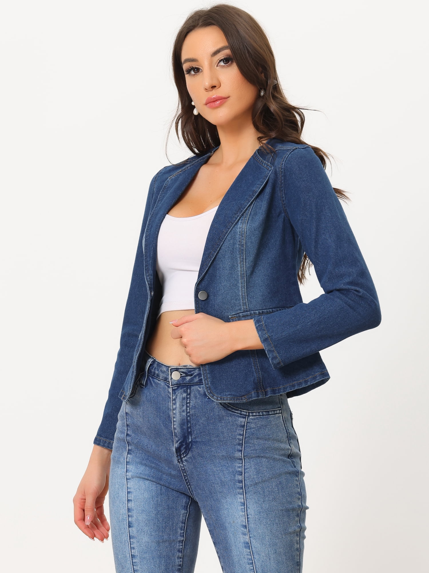 DARING DIVA Women's Lapel Collar Jean Jacket One Button Work Denim Blazer XS Dark Blue