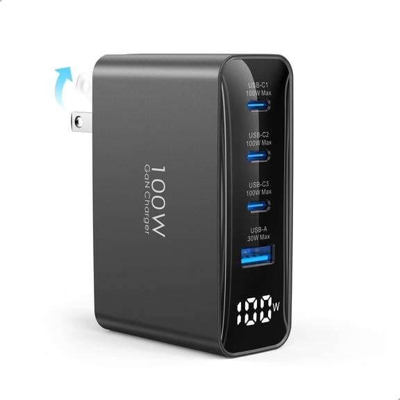 Topadre 100W GaN 4  Port USB Wall Charger, Digital Display & Foldable Plug, Fast Charging for iPhone/iPad/Samsung