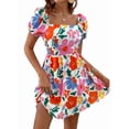 thumbnail image 2 of Women'S Floral Puff Sleeve Ruched Frill Trim Shirred A Line Boho Flared Dress White S, 2 of 9