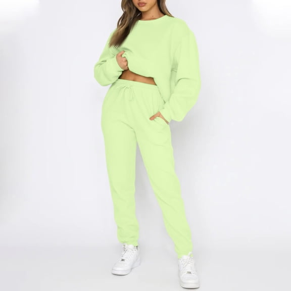 Women's 2 Piece Solid Color Casual Sportswear Long Pants Set Coordinated Comfort Outfit for Running Errands and Relaxing - Fluorescent Green L