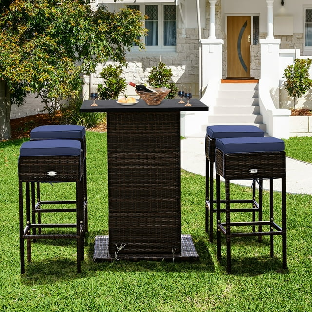 Costway Ensemble de 5 Pcs pour Patio en Rotin avec Table de Bar et Tabouret, Étagère de Rangement Dissimulée, Coussiné