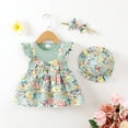 thumbnail image 2 of OLLUISNEO Newborn Baby Girls Clothes 3-6 Months Girls Dress Newborn Girls Flying Sleeve Dress Summer Floral Dress Headband Hat 3pcs Set, Green, 2 of 8