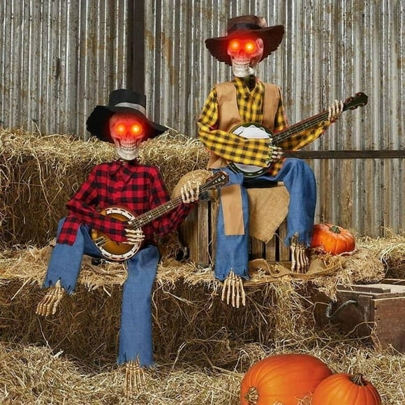 Musbetu Halloween Animated Banjo Skeletons Fall Country Skeleton Musician Playing Banjo Figurine for Thanksgiving Autumn Harvest Decor