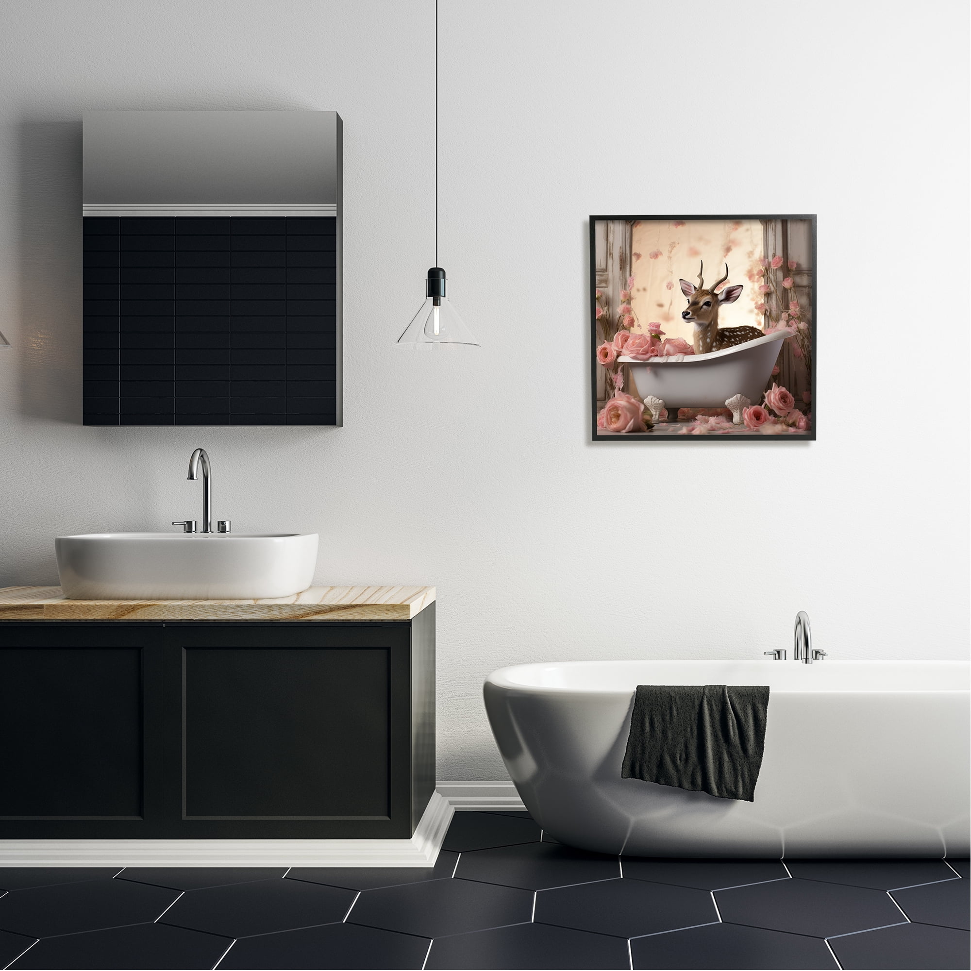 Stupell Industries Fawn in Rose Filled Tub Animals & Insects Painting Black Framed Art Print Wall Art, 24 x 24