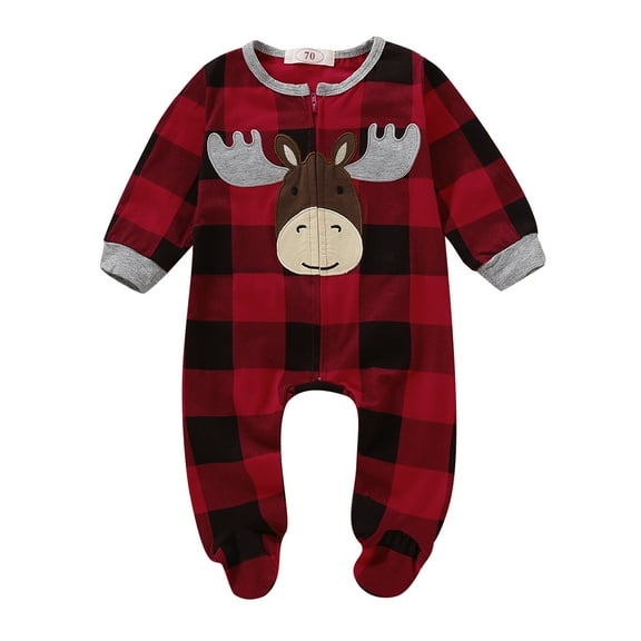 Infant Baby Boy Girl Plaid Deer Christmas Romper Bodysuit Outfit Kids Long Sleeve Fall Warm Xmas Jumpsuit Clothes (6-12 Months)