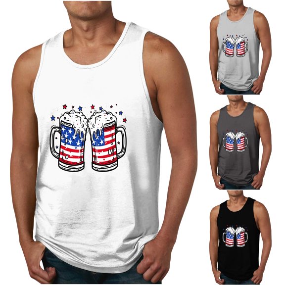 WREESH Casual Fitness Shirts Men's Independence Day Printed Tank Top Crew Neck Sleeveless Black