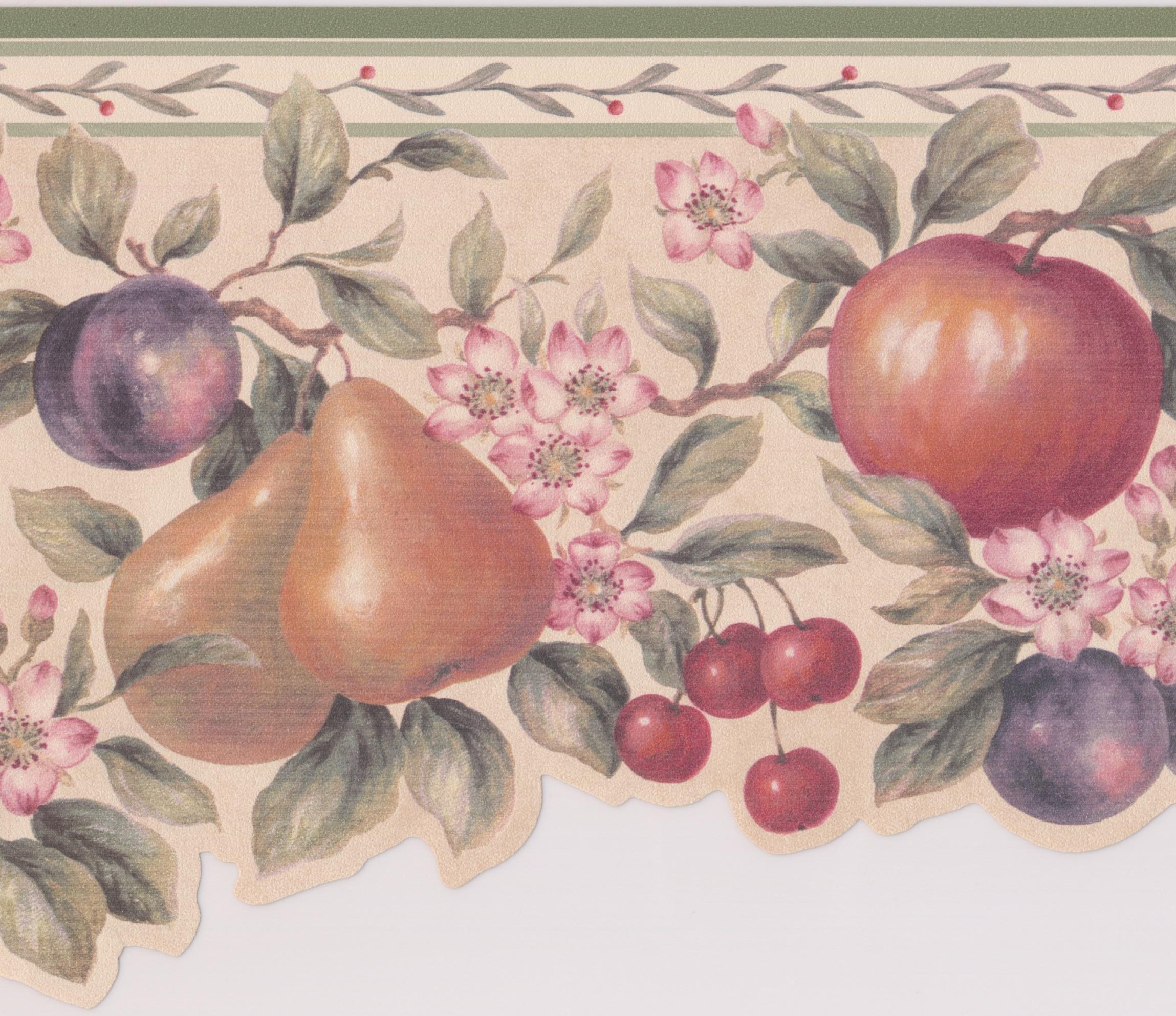 Wallpaper Border Retro Apple Pear Plum Cherry Pink Flowers on Vine