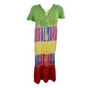 Mogul Women's Tie Dye Dress Colorful Embroidered Cap Sleeve Rayon Bohemian Dresses