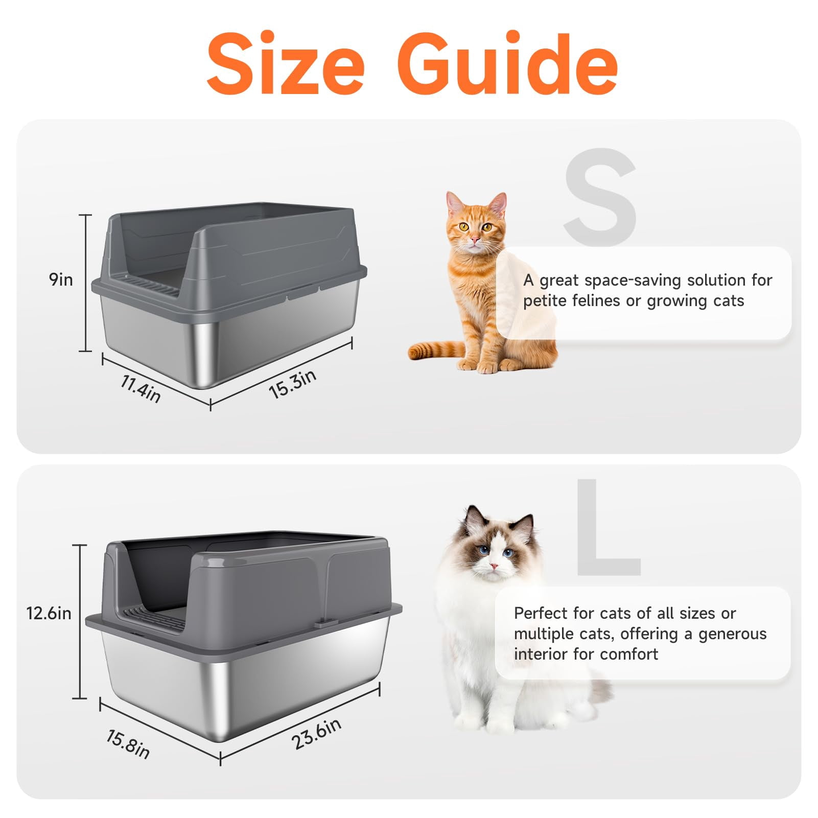Stainless Steel Cat Litter Box with High Sides and Open Top, Odor Control, Easy Cleaning Scoop Included, Anti-Scratch, Leak Resistant, Non-Stick Pet Litter Pan
