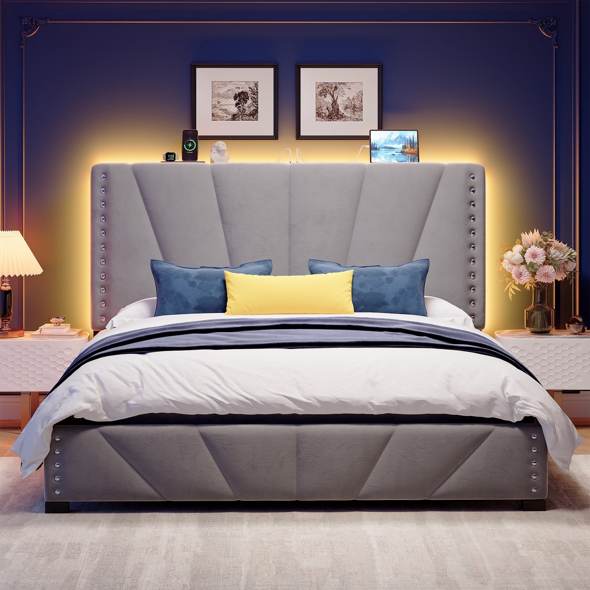Upholstered Bed Frame with Headboard Queen Size Bed Frame with Charging Station & LED Lights & Storage,Gray
