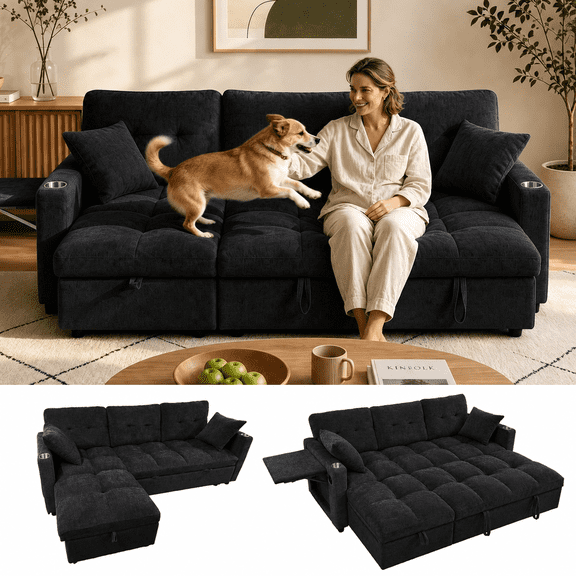 82" Sleeper Sectional Sofa, Comfy Convertible Sofa Bed with Pull Out Couches, Chenille L Shaped Couch with Reversible Storage Chaise & USB for Living Room Apartment, Black