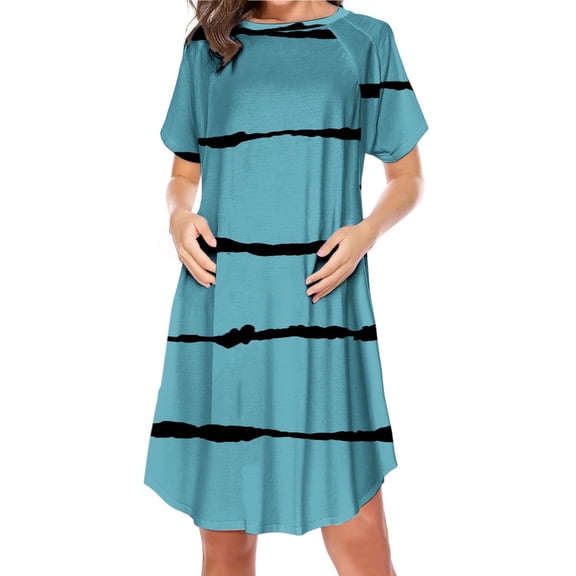 Women's Maternity Nursing Dress Short Sleeve Crewneck Nightgown Pregnancy Striped Loose Side Zippered Breastfeeding Mini Dresses Blue XXL