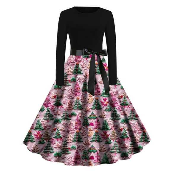 RKSTN Dresses for Women Long Sleeved Round Neck Christmas Printed Bow Tie With Waist Cinched Hem Dress Loose Fitting Dresses