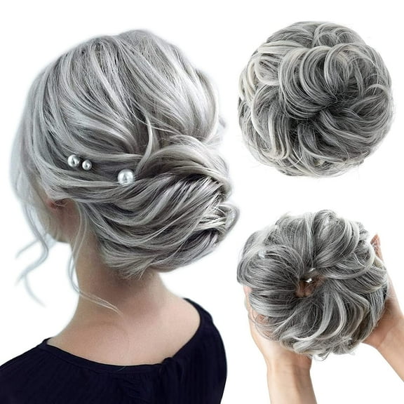 Large Messy Bun Hair Piece Wavy Curly Scrunchies Synthetic Chignon Ponytail Hair Extensions Thick Updo Hairpieces for Women (Gray and White Tips)