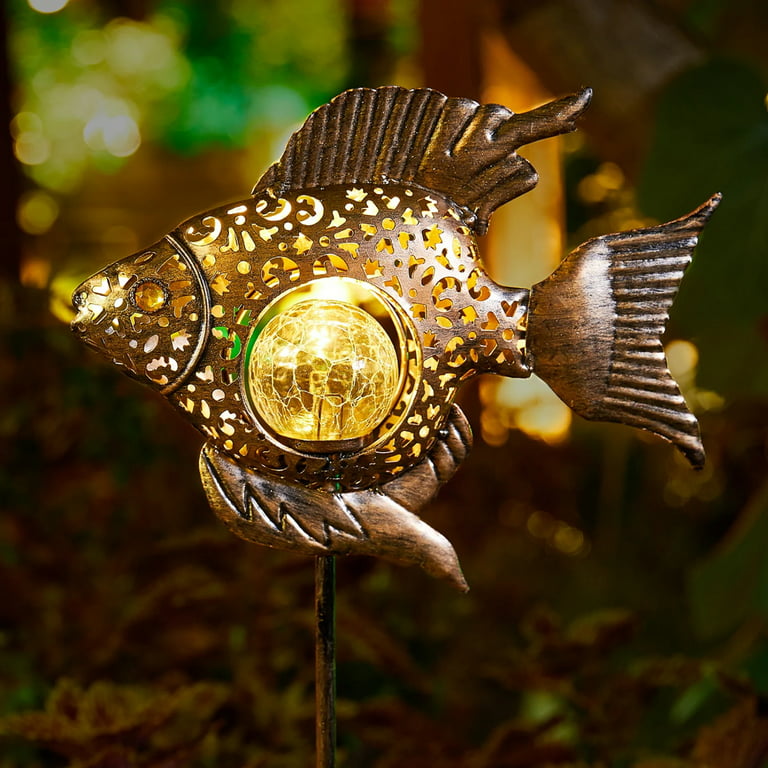 YiFudd Metal Fish Solar Lights with Stake - Hollow Fish Art Lamp, Warm  White LED Solar Light, Waterproof Iron Garden Lights for Pond Patio Yard  Pathway Outdoor Decorations 