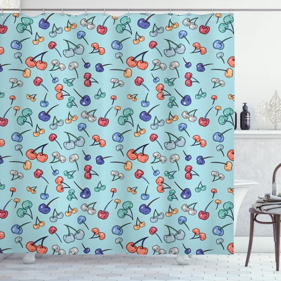 Cherry Shower Curtain, Repetitive Pattern of Summer Fruit in Abstract Colors in Cartoon Style, Fabric Bathroom Set with Hooks, 69W X 75L Inches Long, Pale Blue and Multicolor, by Ambesonne