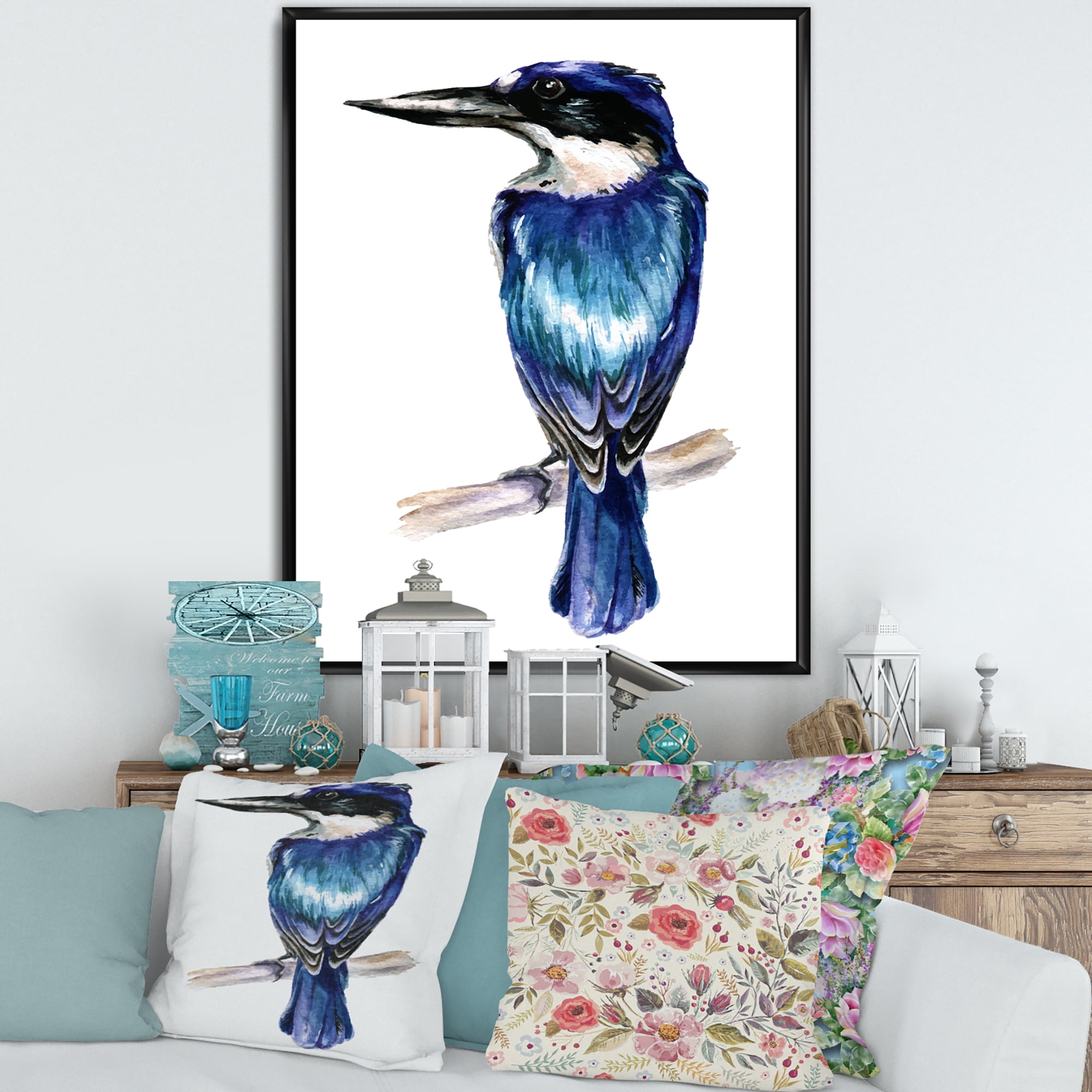 Designart 'Style Blue Kingfisher Bird' Traditional Framed Canvas Wall Art Print