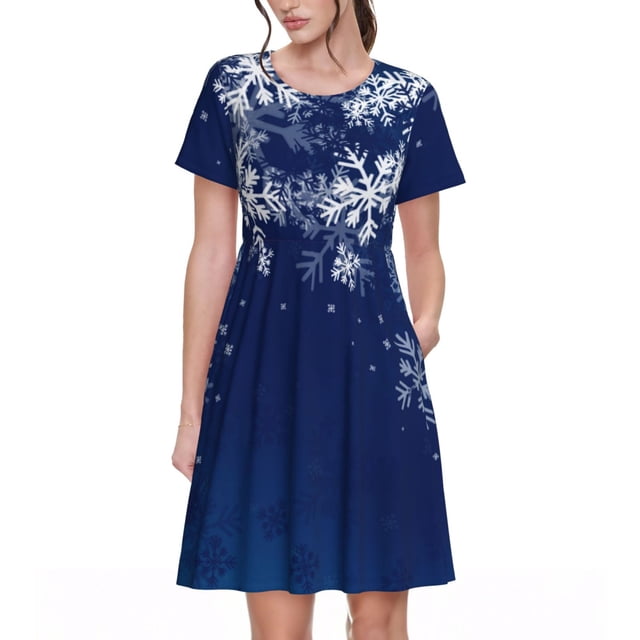 Balery Christmas Blue Vestidos sueltos de manga corta para mujer, vestidos de verano 2025, vestidos casuales de corte A con vuelo.