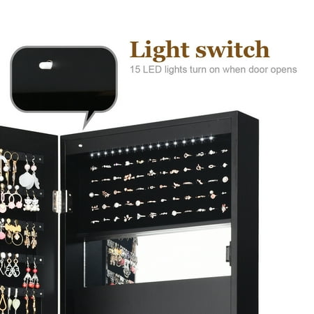 Costway Wall Door Mounted Mirror Jewelry Cabinet Organizer w/LED Lights - Black