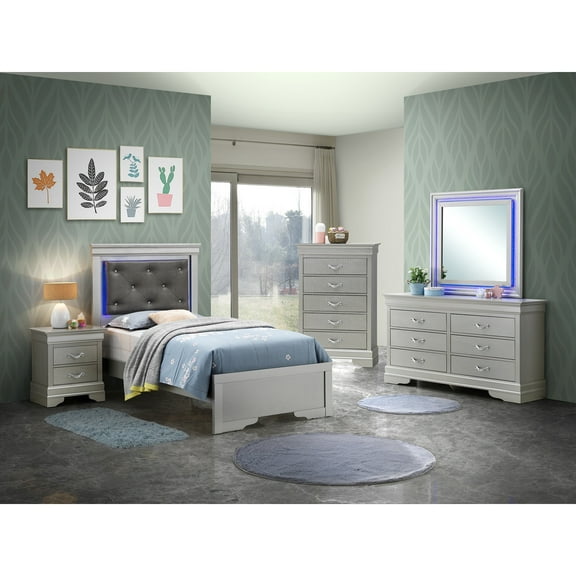 Contemporary Home Living LED Lighted Jewel Tufted Panel Twin Bed - 80" - Silver Champagne