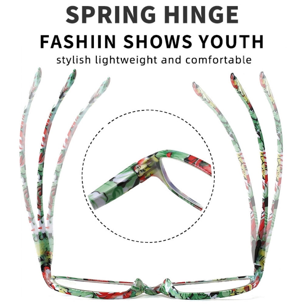 5 Pairs of Small Rectangle Flower Print Anti-blue Light Reading Glasses 3.00 Spring Hinges Readers for Women +3.00 strength