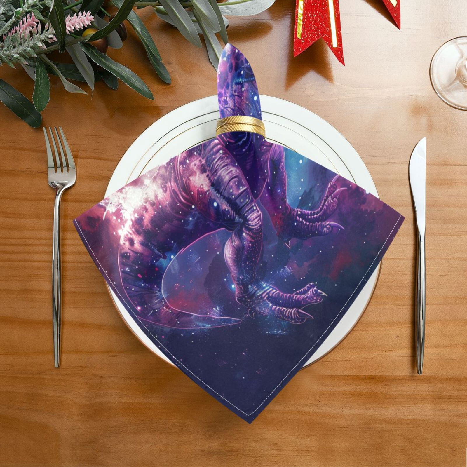 JSTEL Dinosaur T-rex Dino Nebula Cloth Napkins Set of 6, 20x20 Inch Washable and Reusable Napkin for Decoupage Dinner Party Everyday Use