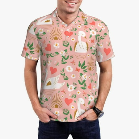 Uemuo Swan And Flowers3 for Men’s Golf Shirt – Premium Pique Cotton Polo Soft & Breathable Casual Short Sleeve Shirt Comfortable Activewear for Sports & Leisure-4X-Large