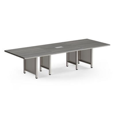 At Work Expandable Conference Table with Gray Laminate Top and Brushed Nickel Painted Steel Leg with Modesty Panel for Office Spaces