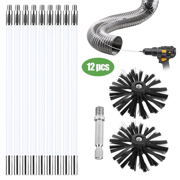 Chimney Cleaning Brush Kit, 12pcs Dryer Vent Cleaning Kit with 9 Rods, 2 Brush and Connector, Rotary Chimney Sweep Set for Fireplace, Dryers, Duct and Flue Cleaning
