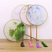 Round Double-Sided Pattern Chinese Ancient Hand Fan Dance Handheld Fan Bamboo Handle with Tassel Home Decoration