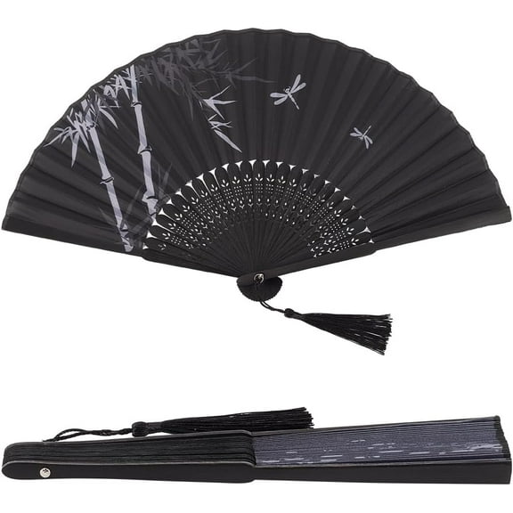 Retro Folding Fan Chinese Japanese Black Oriental Elegant Vintage Bamboo Silk Fan Dragonflies Bamboo Prom Decor Handmade Gift Handheld Fan for Wedding Tea Party Dancing Decorations