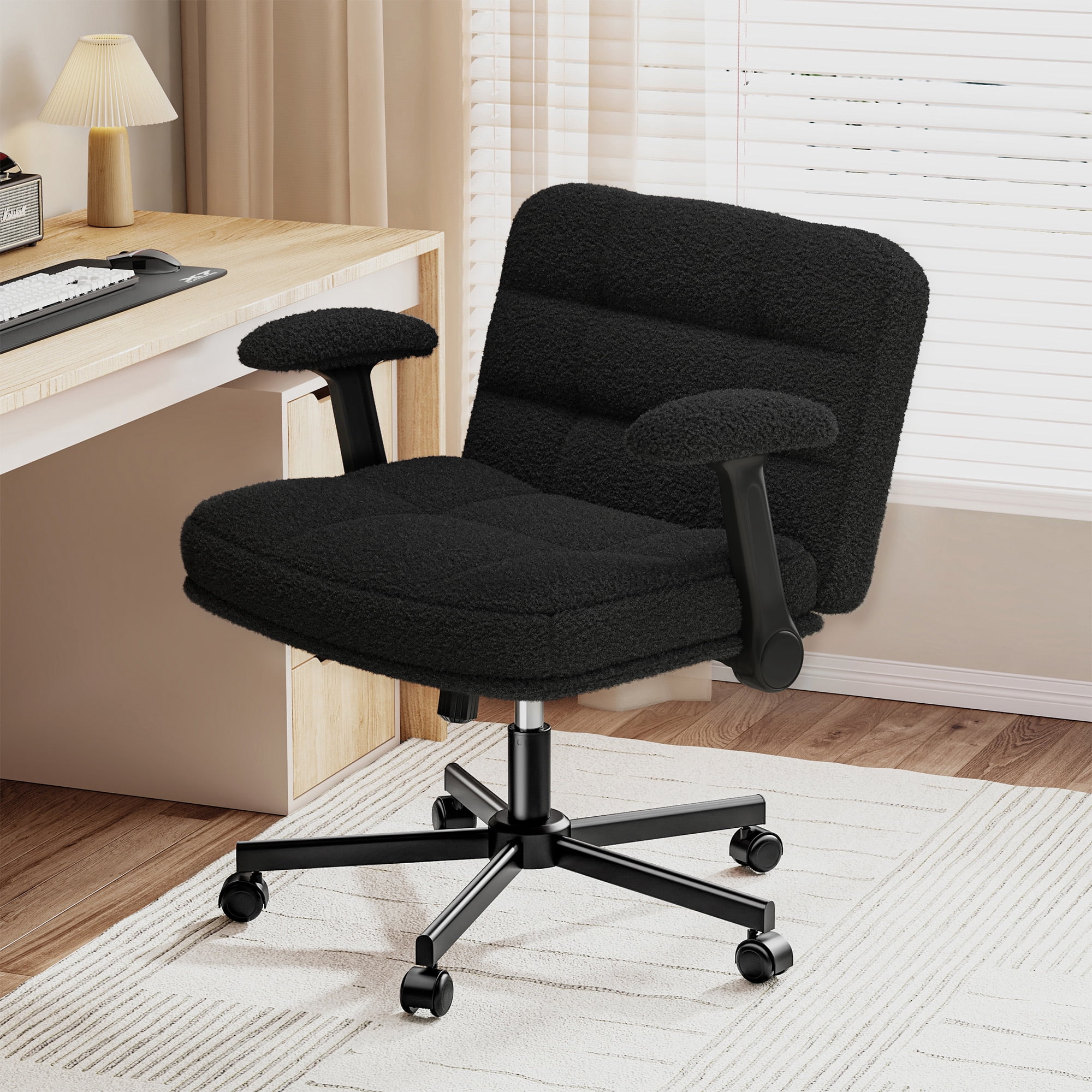 Romorgniz Criss Cross Chair with Flip-up Arms & Wheels Desk Chair with Adjustable Height & Teddy Plush Fabric for Bedroom, Home Office Desk, Vanity, Black