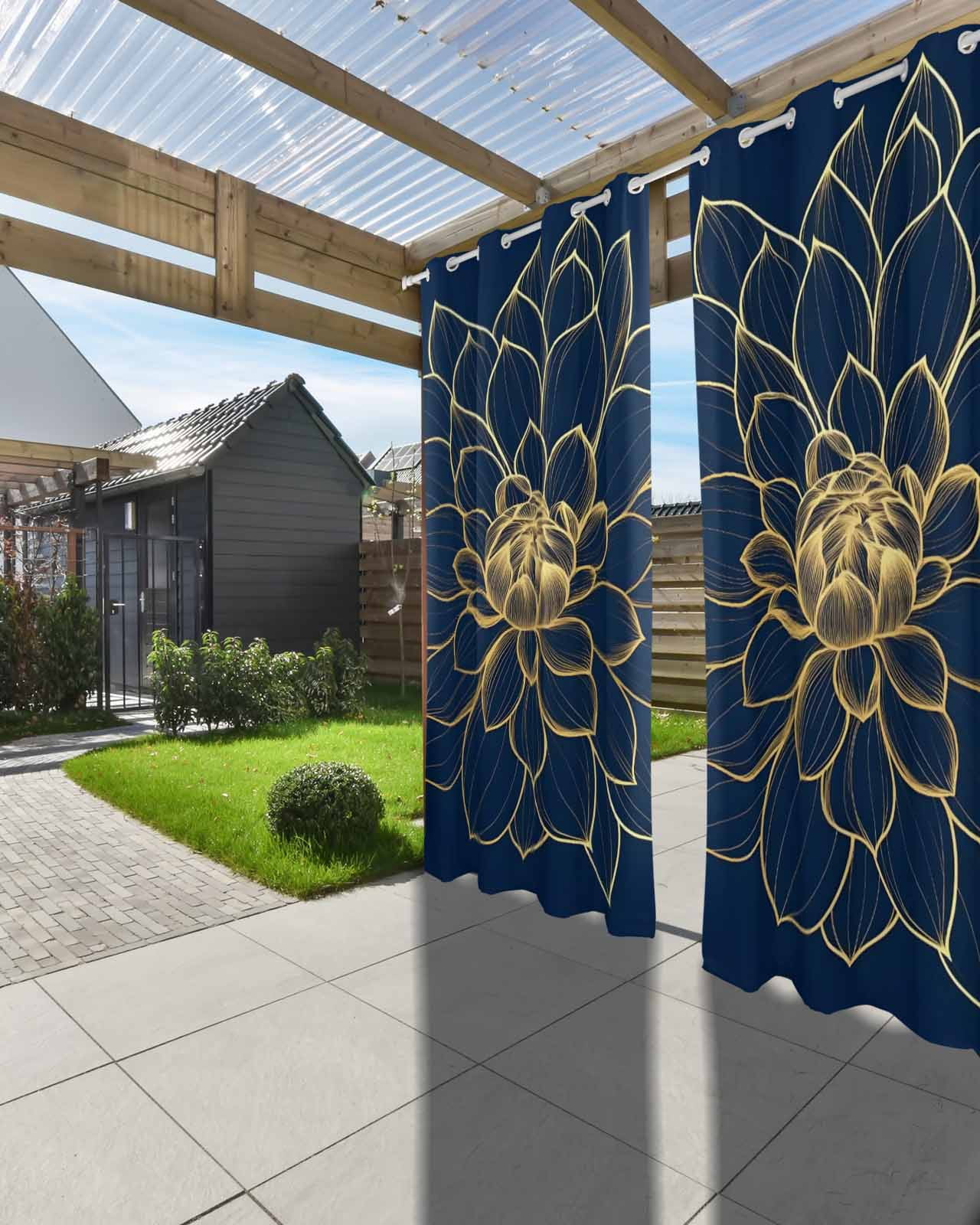 Navy Blue Yellow Spring Floral Outdoor Curtains for Patio, Chic Blossoms Botanical Privacy Drapes Grommet Waterproof Outside Curtains for Porch/Cabana/Balcony 54"x 108", 1 Panel