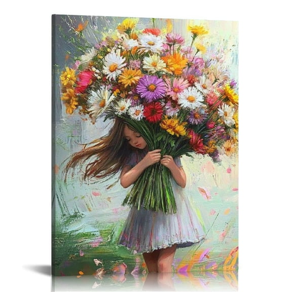 GooTPa Girl Holding Flowers Canvas Wall Art, Canvas Prints Wall Art for Living Room Bathroom Bedroom Office, Art Print Painting for Home Decorations - 12x16in