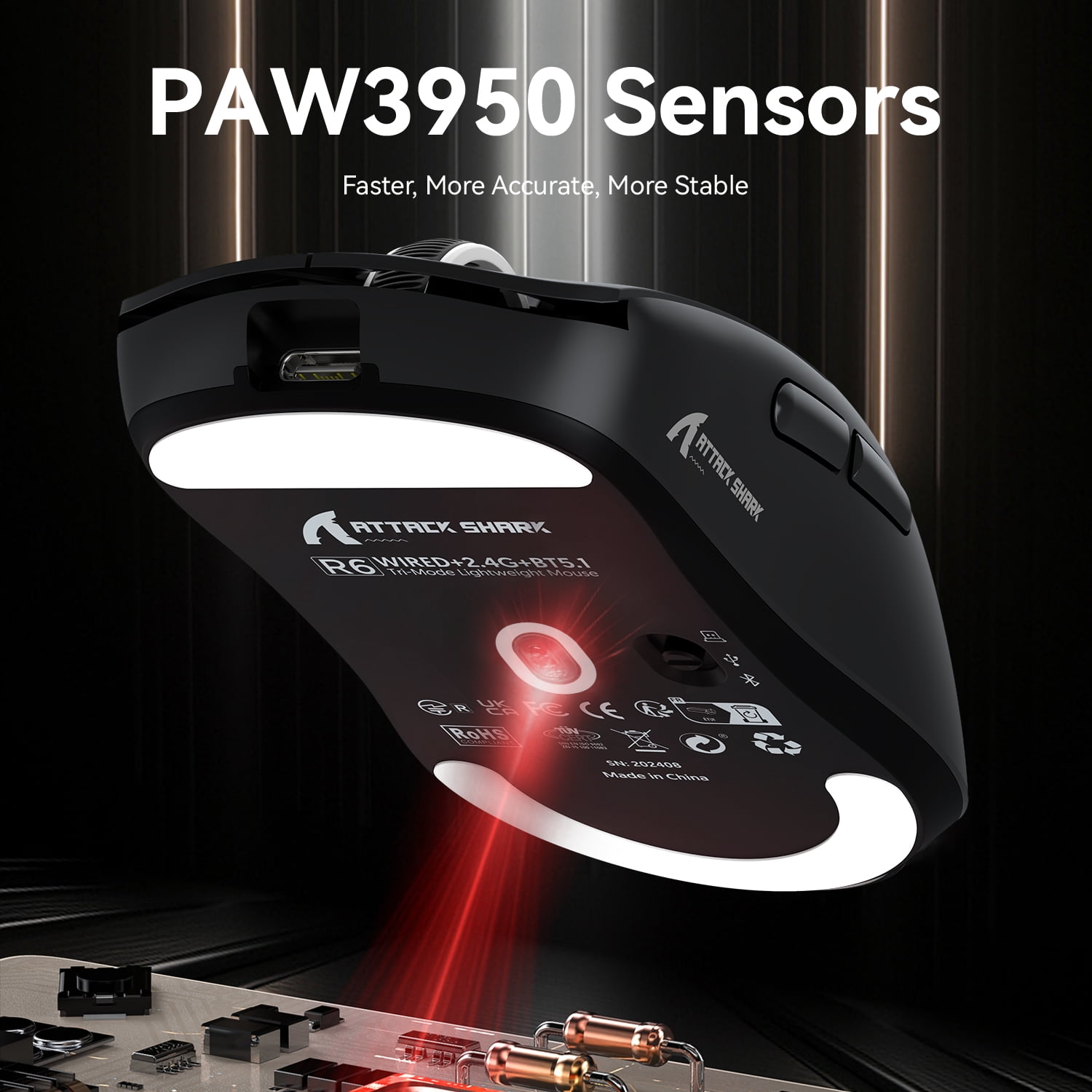 ATTACK SHARK R6 Ultralight 39g Wireless 8K PAW3950MAX Gaming Mouse, Nordic 52840 Chip, DPI up to 42000, 8000Hz Polling Rate, Ice-feeling Coating