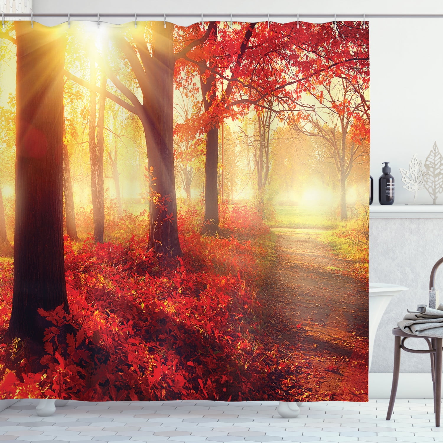 Woodland Shower Curtain, Sun Beams through Misty Old Forest in Fall
