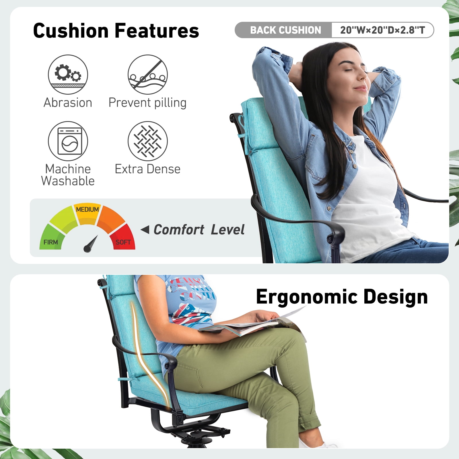 BPS 37" x 20" Aruba Blue Outdoor Dining Chair Cushions, Water Repellent, 4 Count