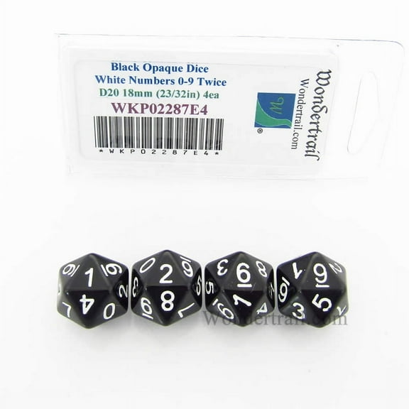Black Opaque Dice with White Numbers D20 (0 - 9 Twice) 18mm (23/32in) Pack of 4 Wondertrail