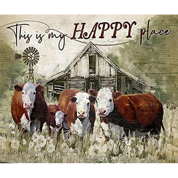 Metal Tin Sign Vintage Cattle This is My Happy Place Canvas Wall Art Farmhouse Sign Decor Poster Signs 8 x 12 Inches