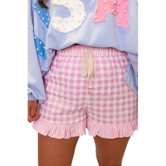 Women's Pink Gingham Plaid Shorts – High Waist Ruffle Hem Casual Summer Bottoms, XL