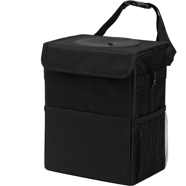 Bote de basura para auto con tapa, a prueba de fugas, cubo de basura para vehículos con bolsillos de almacenamiento, bolsa de basura impermeable para colgar para SUV, color negro