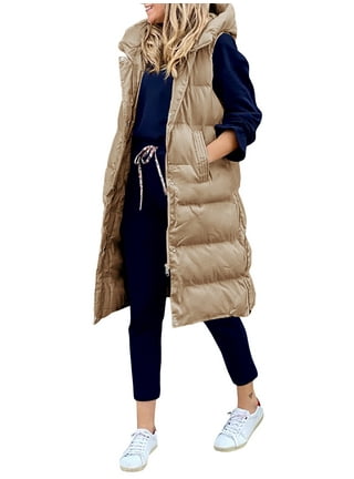 Hfyihgf Oversized Long Down Vest for Women Outdoor Coats with Hood Long  Puffer Vest Winter Coats Sleeveless Warm Jacket Beige L