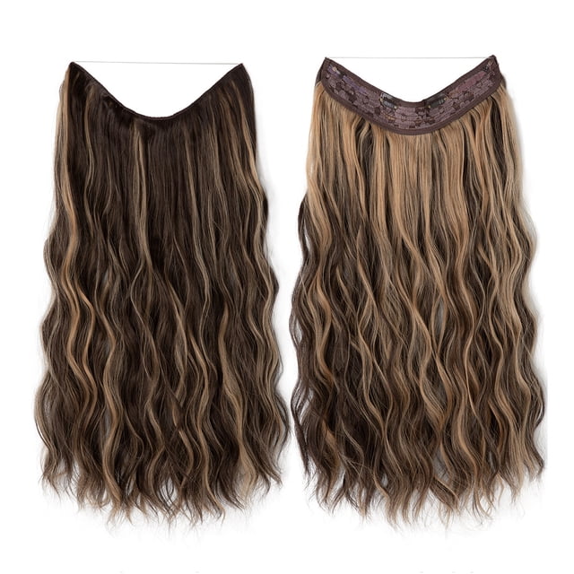 Zhuge Extensiones de cabello con alambre, gruesas, rizadas, onduladas, invisibles, con clip de línea de pescado, postizo sintético para mujeres, 16 pulgadas, color rubio castaño