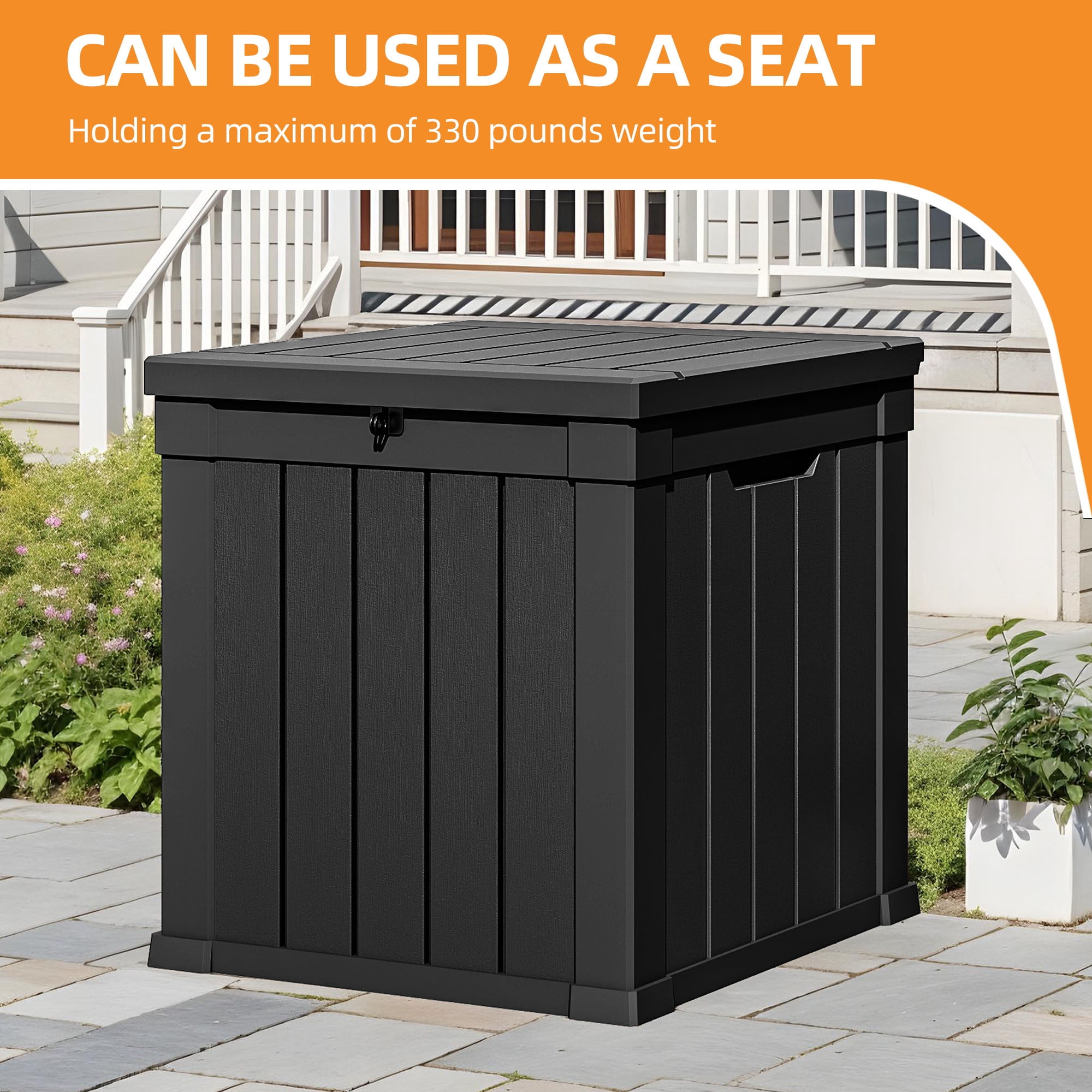 Uforic 51 Gallon Resin Outdoor Deck Box, Waterproof Lockable Storage Box with Side Handles for Patio Garden Pool, Black