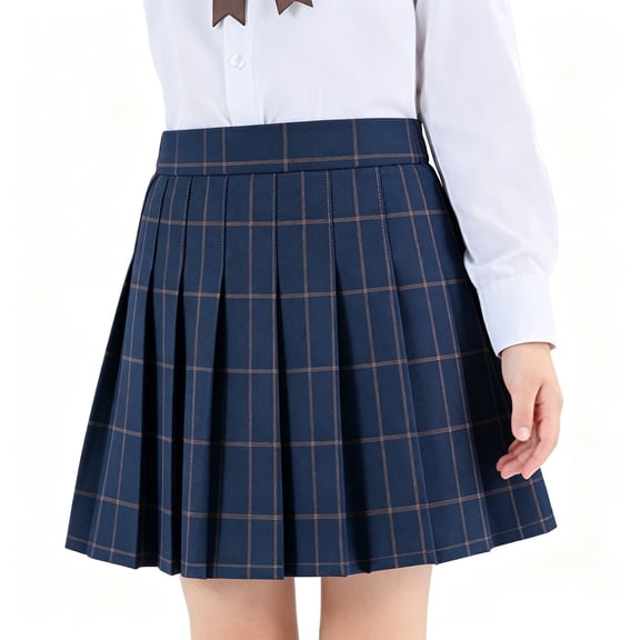 Yfalhf Girls Summer Solid Pleated High Waist A-Line Skirt Casual School Uniform Navy 150