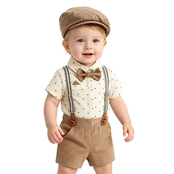 FYDUU Summer Boys Shorts Set Baby Boy Clothes Suit Short Sleeve Dress Shirt Romper Tops Suspenders Shorts Toddler Gentleman Outfits,9-12 Months