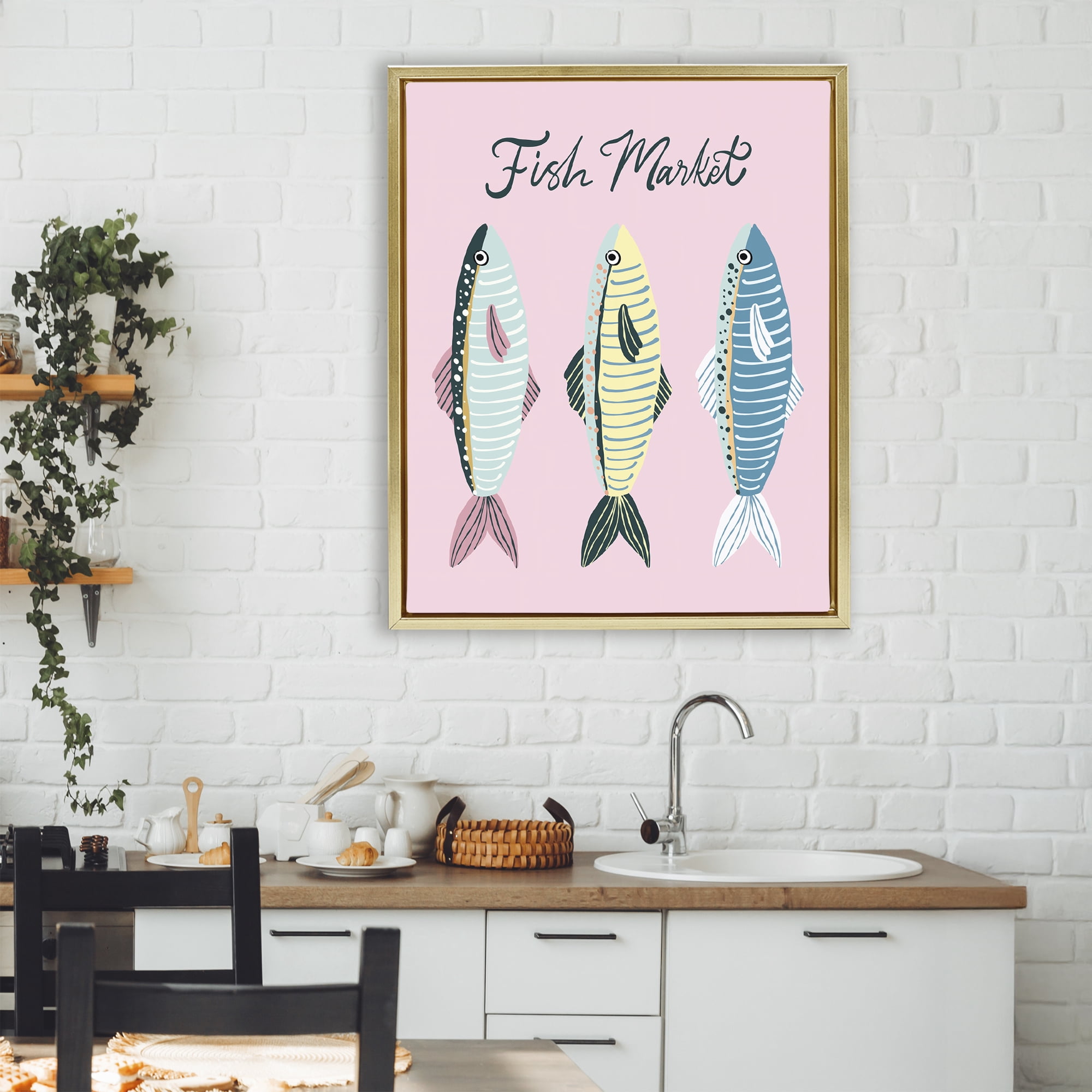 Stupell Industries Quirky Coastal Fish Market Gold Framed Floater Canvas Wall Art, design by Hey Bre! Creative Studio