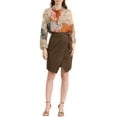 thumbnail image 2 of INSPIRE CHIC Women's A-Line Front Slit Knee Length Wrap Faux Suede Skirt S Dark Brown, 2 of 6