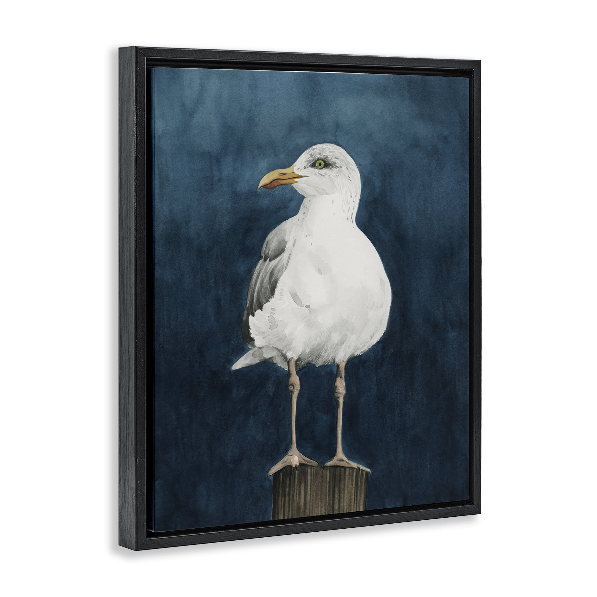 Stupell Industries Perched Coastal Bird Animals Painting Black Floater Framed Canvas Art Print Wall Art, 25 x 31